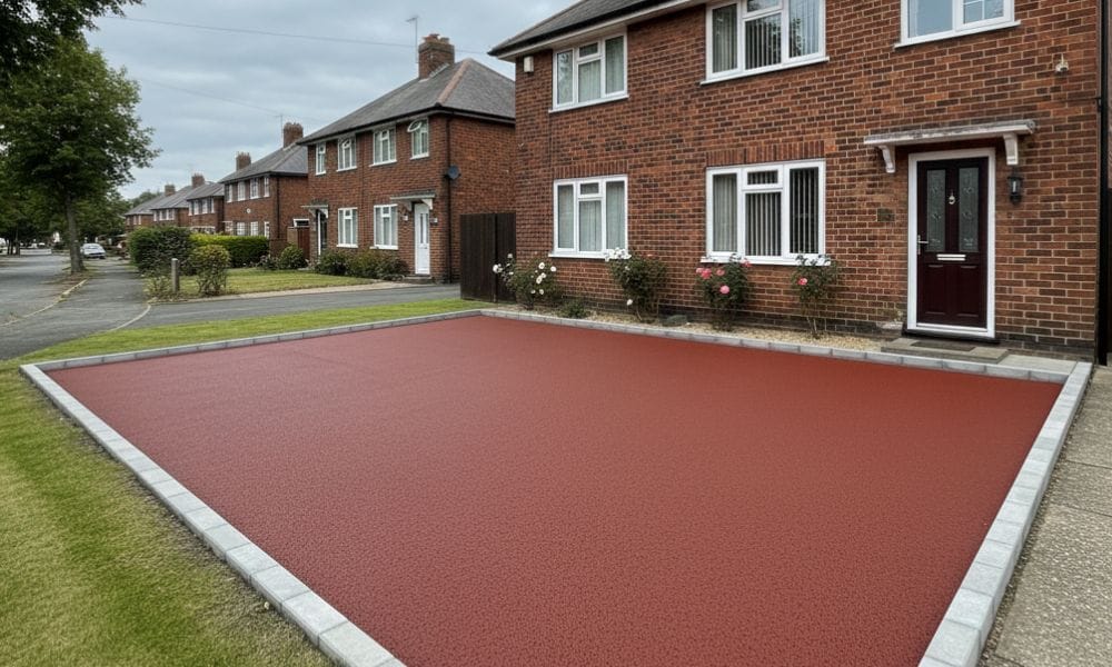 Red coloured tarmac driveway installed at a UK semi-detached house