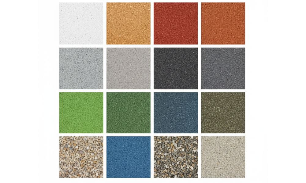 Coloured tarmac aggregate samples showing the full range of available colours
