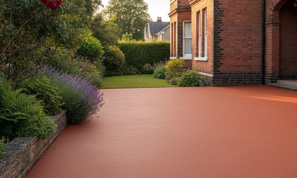 Terracotta coloured tarmac driveway at a Victorian brick house in the UK
