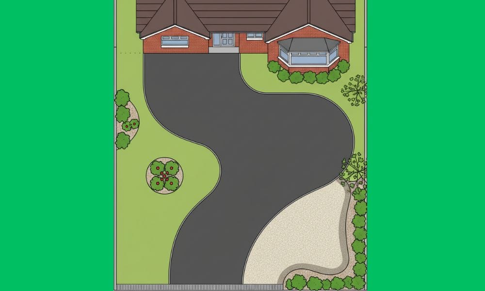 Diagram showing drainage channel on a tarmac driveway directing water to a soakaway