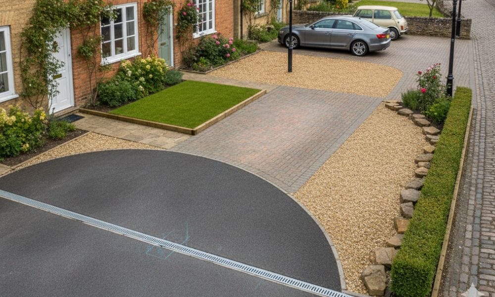 onservation area street in a traditional English town where planning rules for driveways are stricter