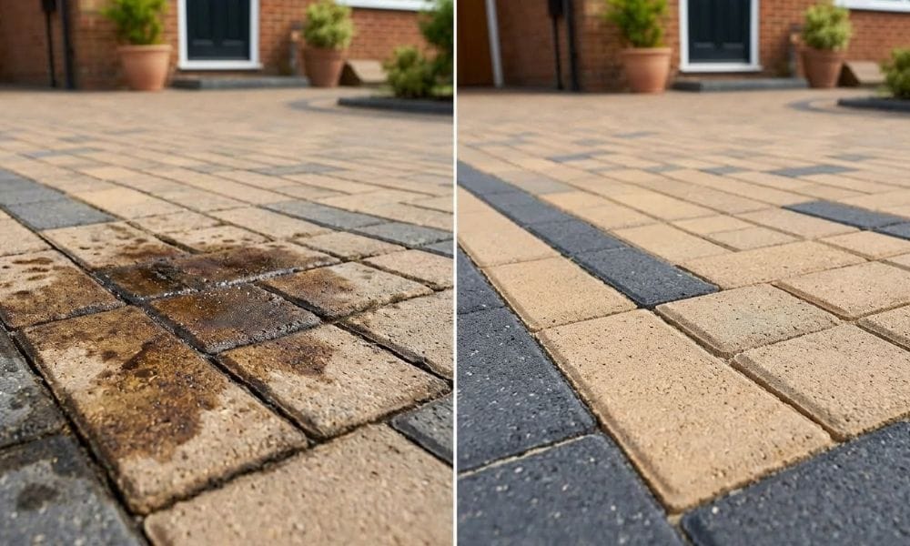 oiled spilled on block paving driveway