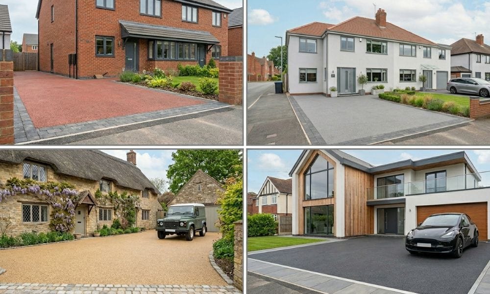4 houses with different coloured driveways