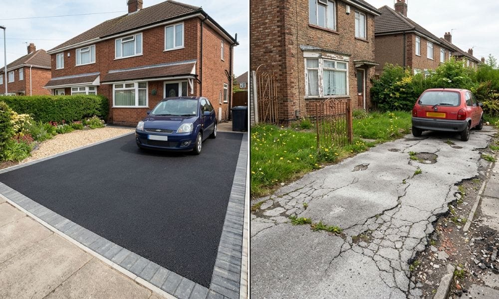 split view of tarmac driveway