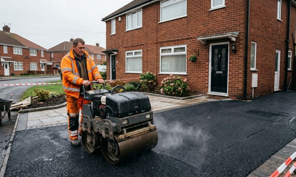 man making a tarmac driveway