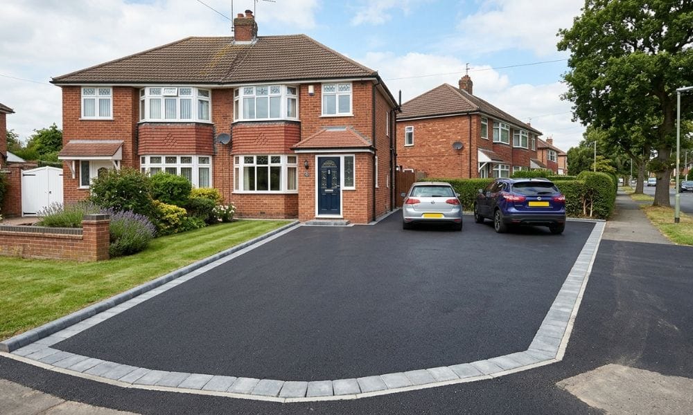 A freshly laid smooth black tarmac driveway in front of a traditional British semi-detached house in the Midlands.