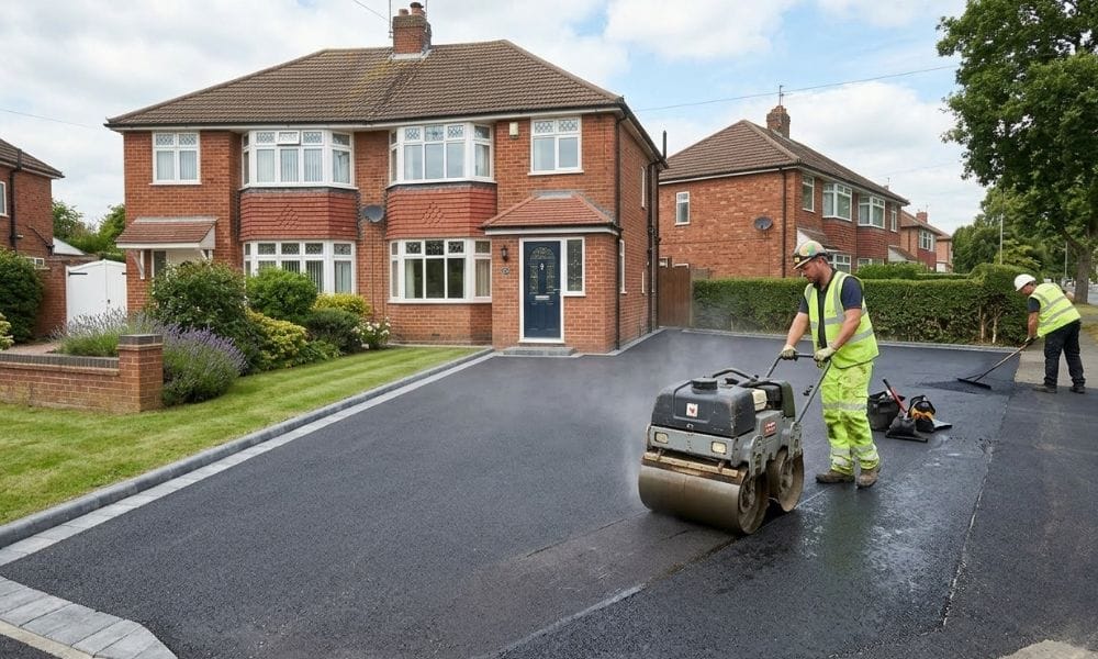 A worker in hi-vis vest and hard hat using a roller compactor on freshly laid dark tarmac in a UK residential driveway. 