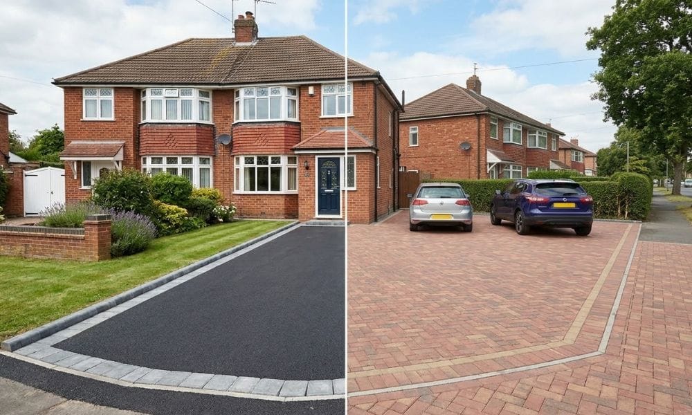 Split comparison image. Left half shows a smooth black tarmac driveway in front of a traditional UK semi-detached house