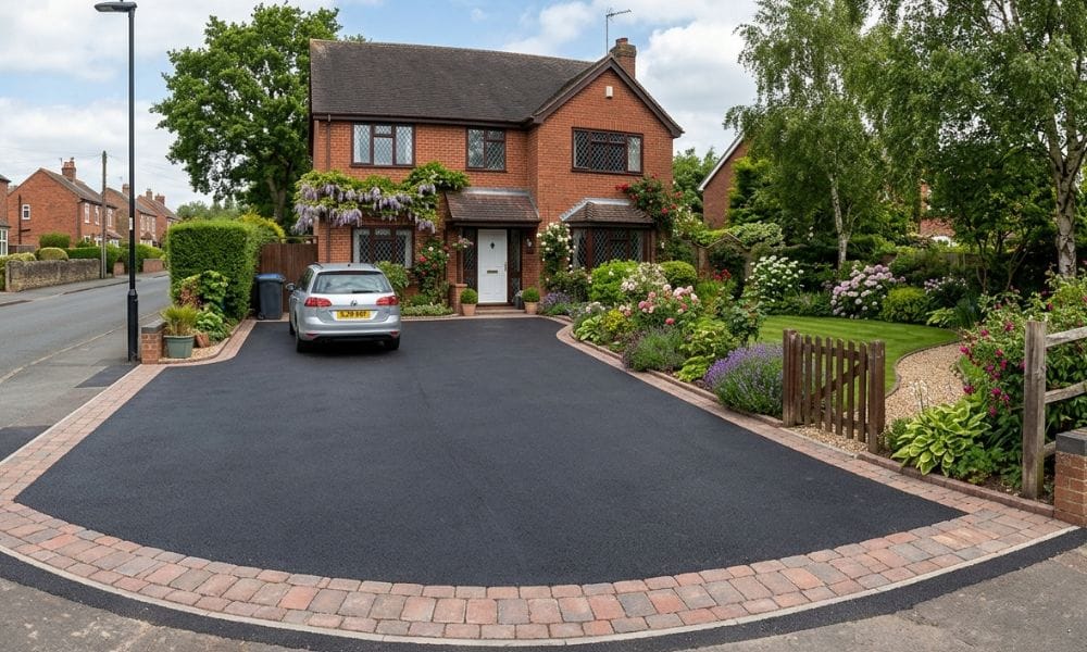 A tarmac driveway with attractive block paving edging/border to illustrate how the aesthetic can be improved