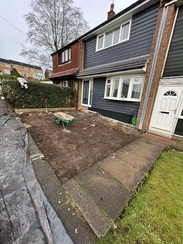 Front lawn stripped back to soil ready for block paving in Trentham